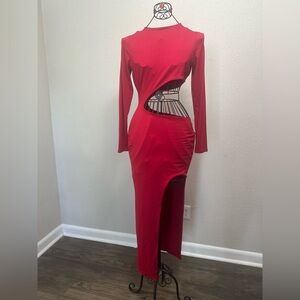 Red Asymmetrical design Bodycon Dress with Slit